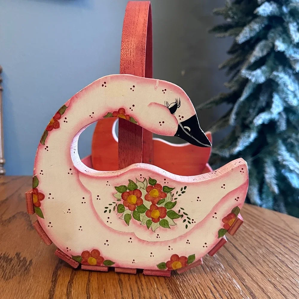 Wooden Swan Basket Hand Painted Folk Art Cottagecore Goose Geese